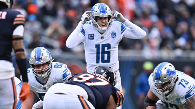 Detroit Lions quarterback Jared Goff calls signals against Chicago Bears.